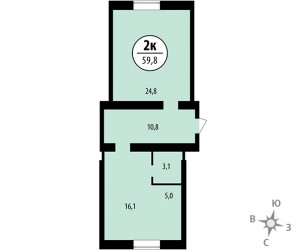 Двухкомнатная квартира 59.8 м²