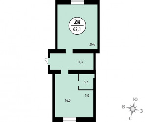 Двухкомнатная квартира 62.1 м²